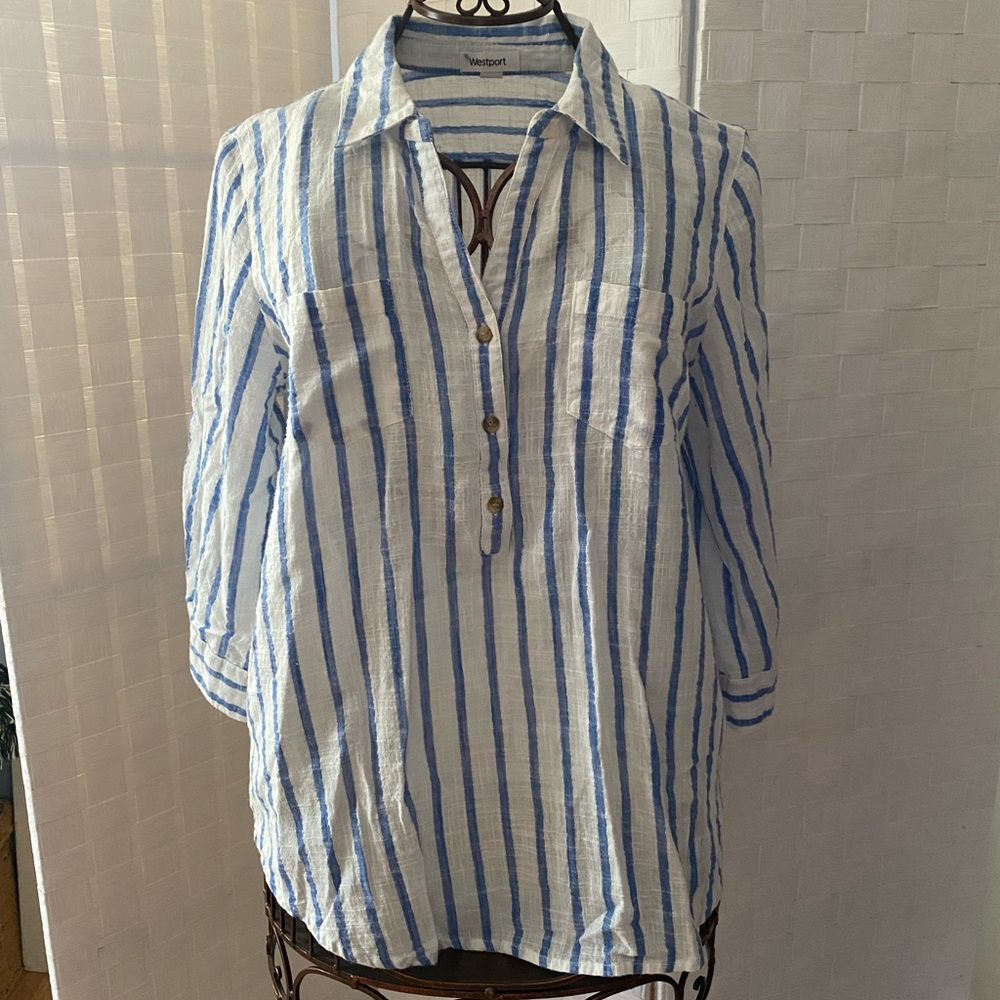 White and Blue Striped Button Blouse